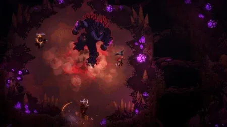 A large enemy surrounded by violet magic in a dark cavern.
