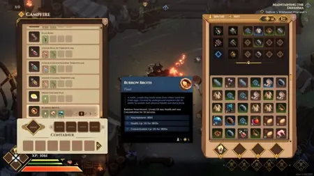 The Campfire recipe list and inventory in Dimraeth.