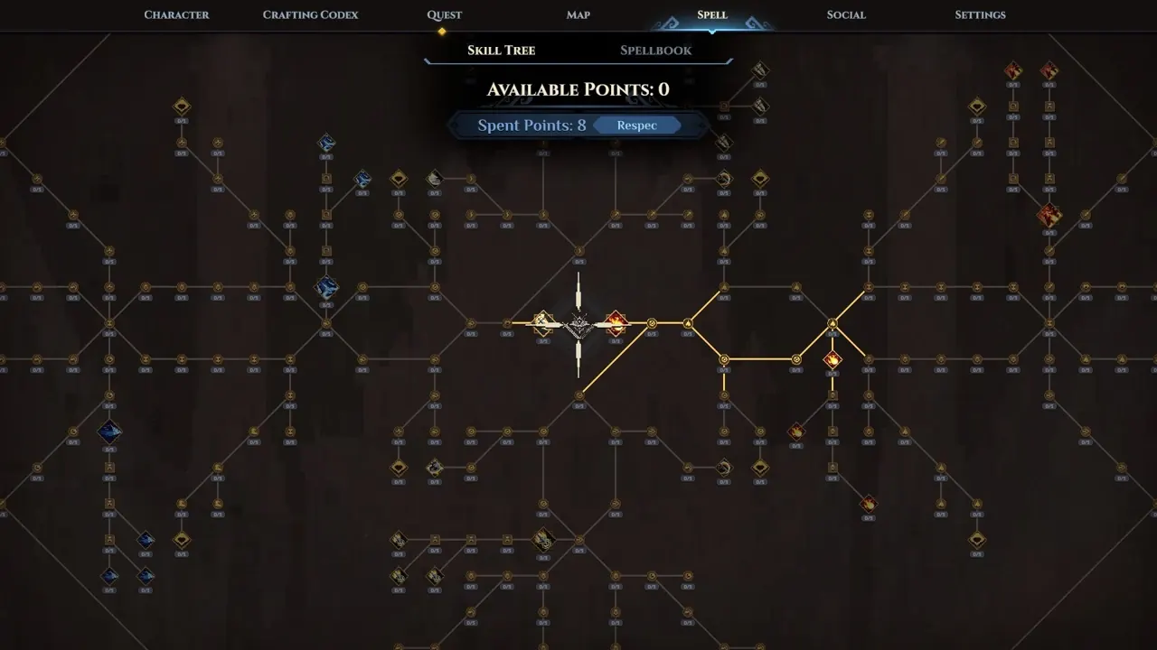 Dimraeth skill tree displaying connected nodes across several branching paths.