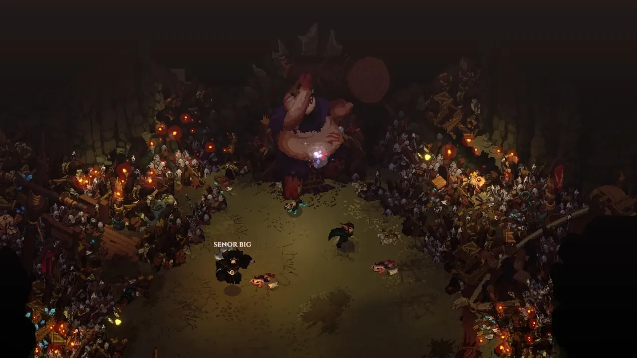 Dimraeth characters inside a crowded cavern arena illuminated by warm lights.