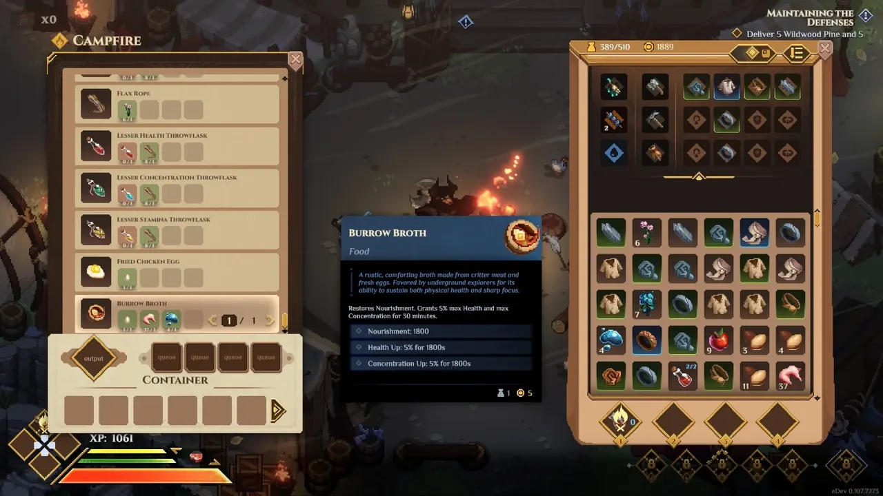 Dimraeth campfire recipe list and Burrow Broth tooltip beside the inventory.