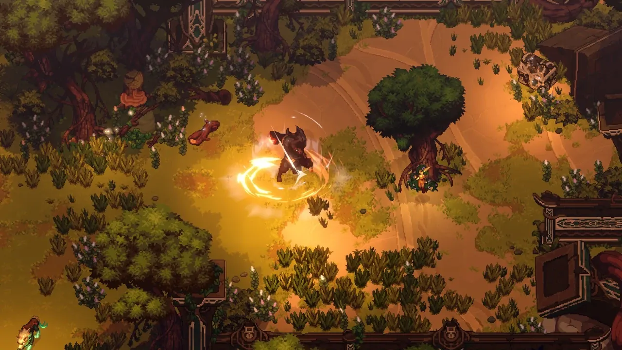 Dimraeth character performing a glowing attack in a wooded clearing.