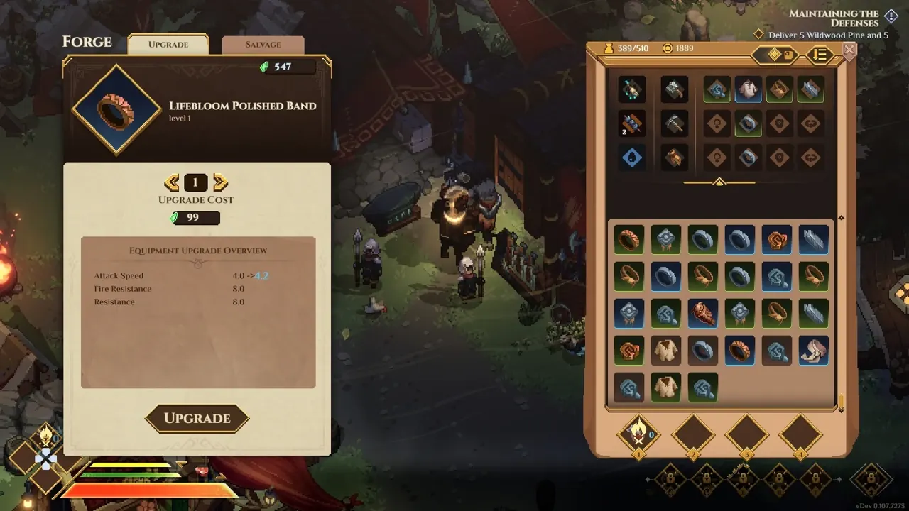 Dimraeth forge upgrade panel showing a ring beside equipment and inventory slots.