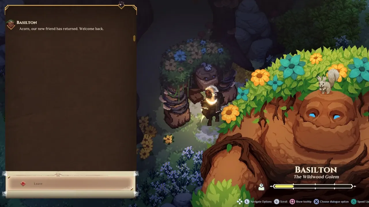 Dimraeth conversation with Basilton the Wildwood Golem beside his illustrated portrait.