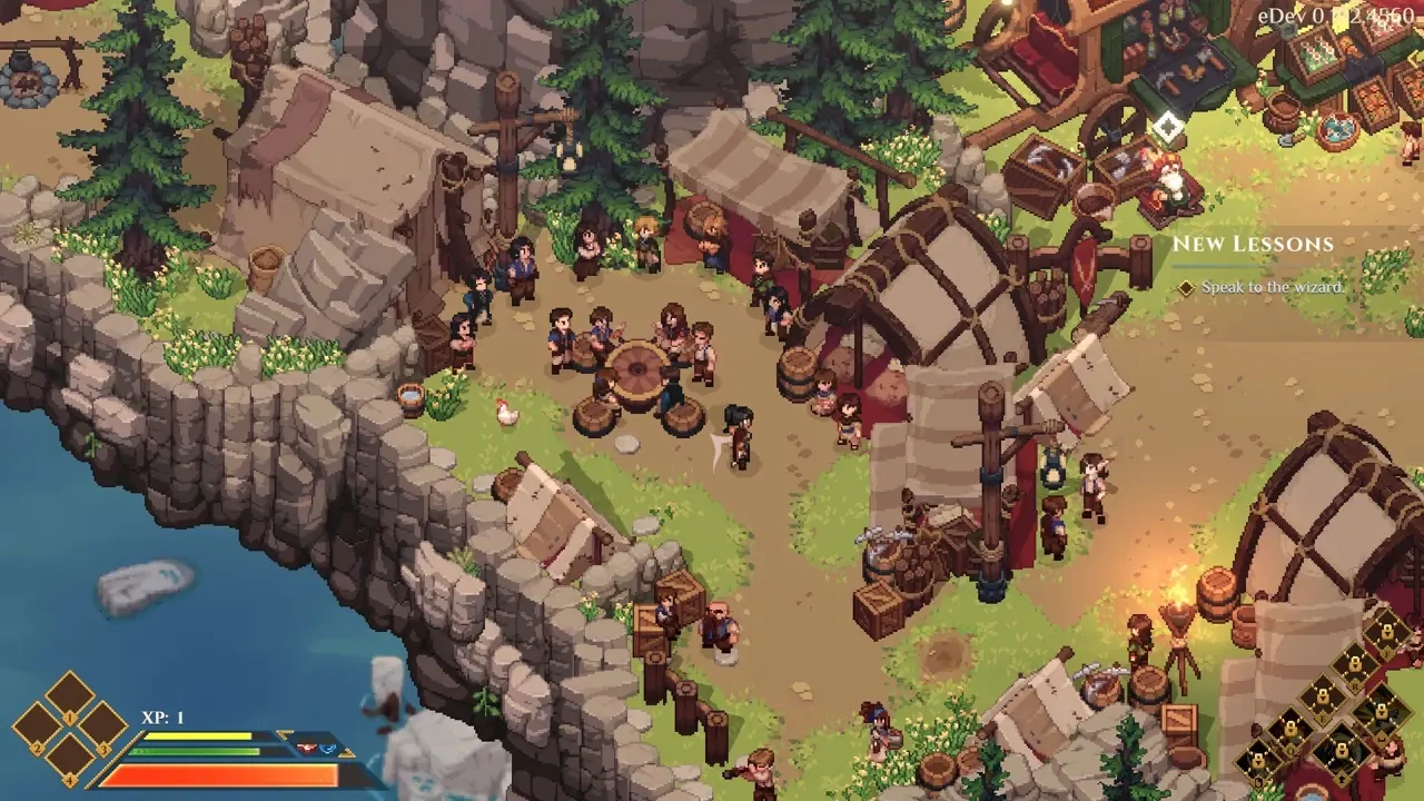 Dimraeth village buildings and gathered characters beside a rocky waterfront.