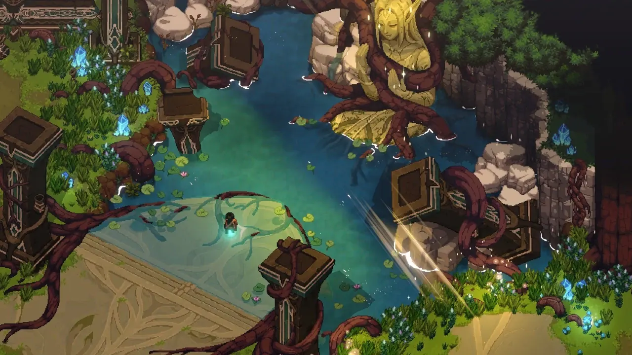 Dimraeth flooded ruins with twisting roots, blue crystals and a large golden statue.