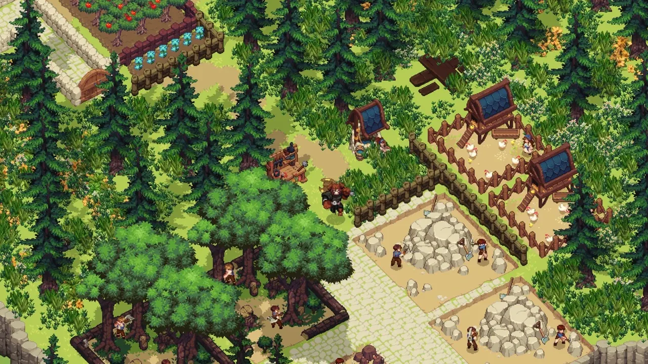 Dimraeth woodland settlement with fruit trees, animal pens and small buildings.