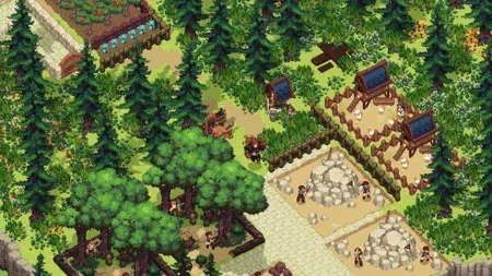 A woodland settlement with paths, buildings and trees.